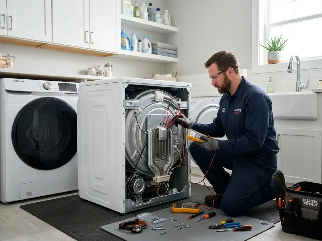 Appliance Repair Hero technician checking a dryer heating element with the rear panel off in Brisbane, CA