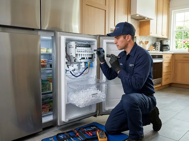 Appliance Repair Hero technician repairing a refrigerator ice maker in Brisbane, CA
